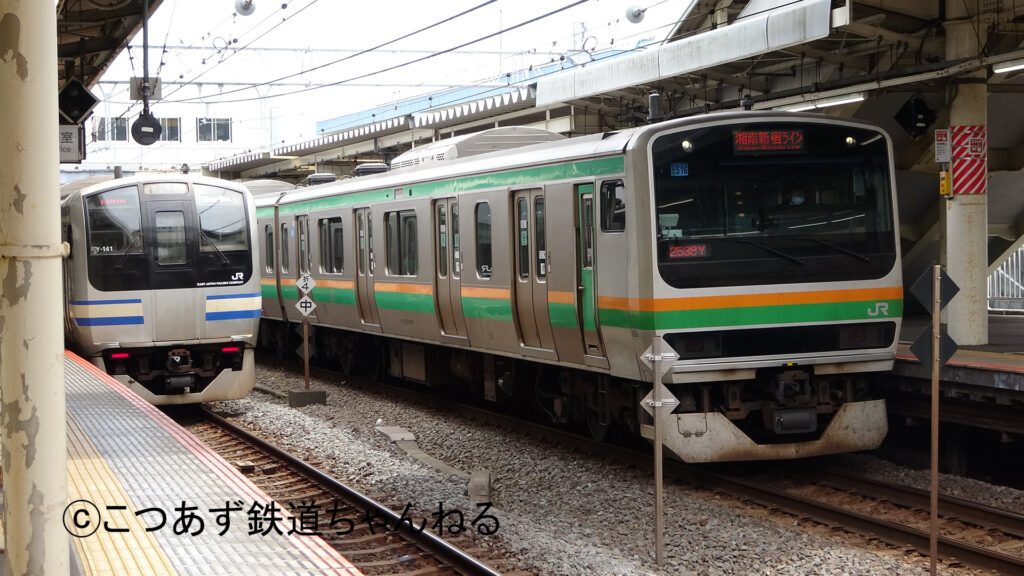 横須賀線の電車と湘南新宿ラインの列車